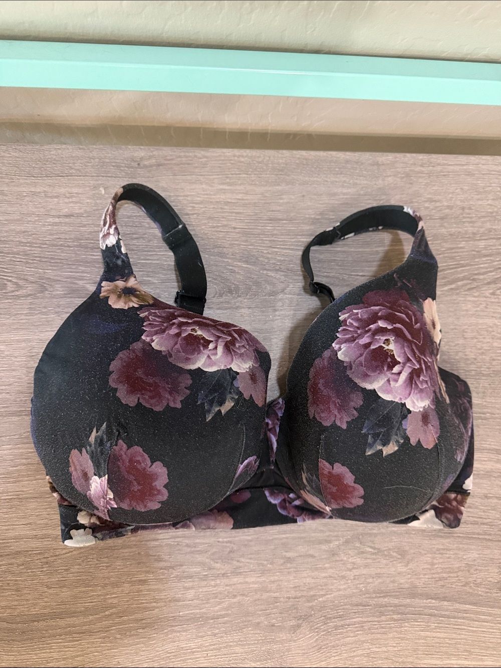 Cacique Black Bra with Purple Rose Floral Print